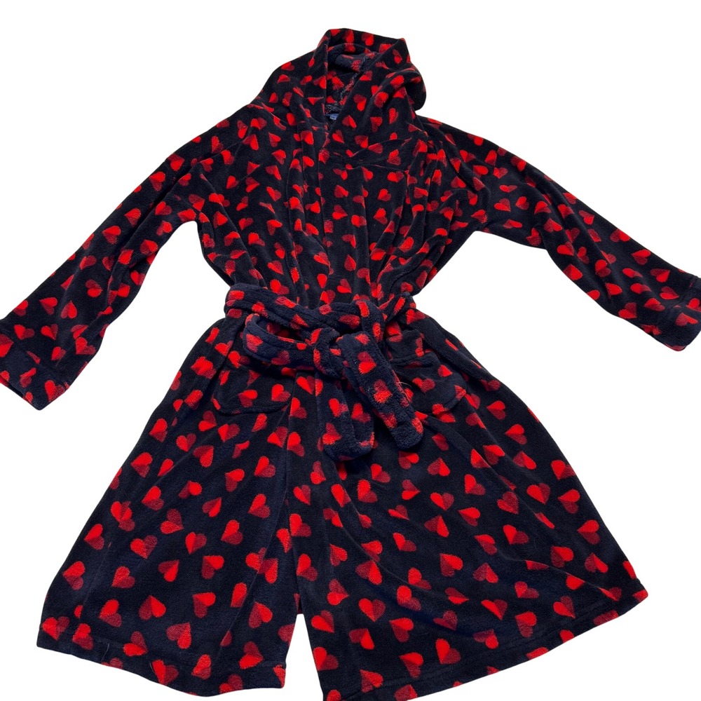 Vera Bradley Plush Robe Hooded Tie Waist All Over Red Hearts Navy Blue L/XL